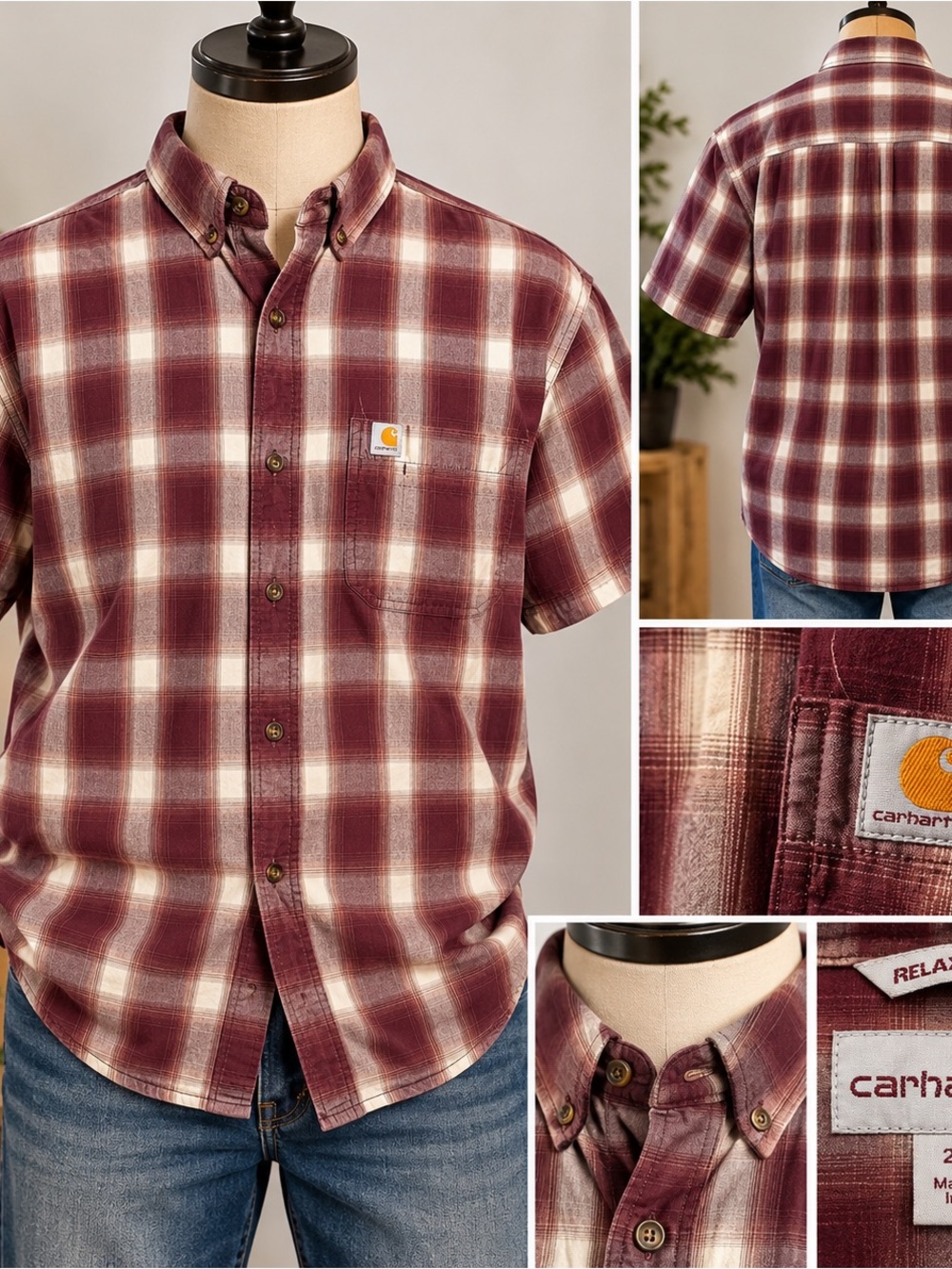 Carhartt Men’s 2XL Relaxed Fit Burgundy Plaid Short Sleeve Button Down Shirt